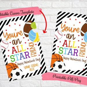 San Valentín, Eres un amigo estrella, Etiquetas de regalo de San Valentín deportivas editables imprimibles para clase, escuela, Baloncesto San Valentín, Pelotas de San Valentín