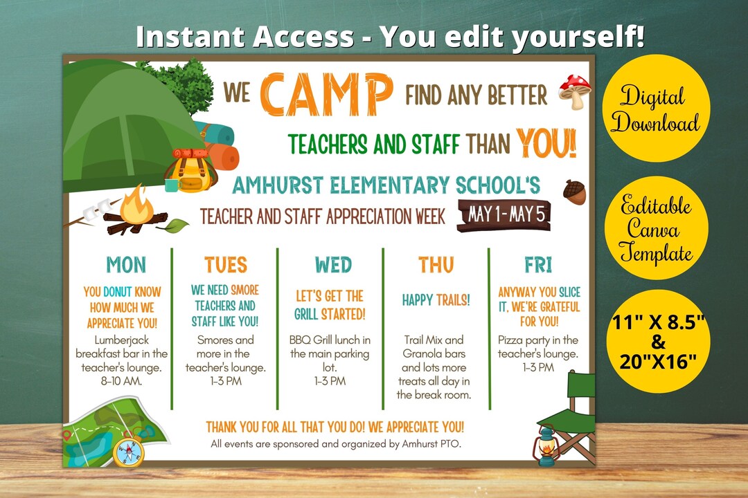 Editable Camping Themed Teacher Appreciation Week Schedule Etsy