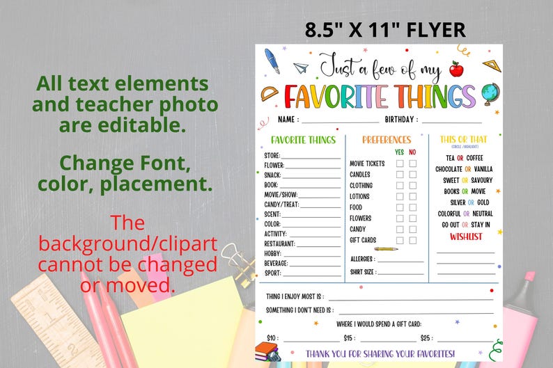 Teacher Favorite Things List, Back to School Teacher Gift Survey, A Few ...