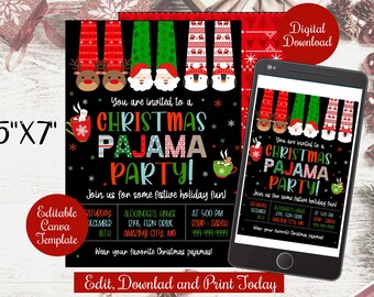 Editable Christmas Pajama Party invite evite , Holiday Christmas kids pajama party Invitation Digital,Christmas PJs Sleepover canva template