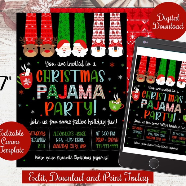 Editable Christmas Pajama Party invite evite , Holiday Christmas kids pajama party Invitation Digital,Christmas PJs Sleepover canva template