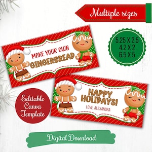 Faça seus próprios toppers de saco de guloseimas de gengibre, Etiquetas dobráveis de Natal editáveis, Kit de gengibre para alunos, escola, PTO, Download digital