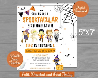 Invitación a fiesta de cumpleaños espeluznante de Halloween imprimible, fiesta de disfraces de Halloween de cumpleaños para niños, plantilla de canva de invitación de fiesta editable