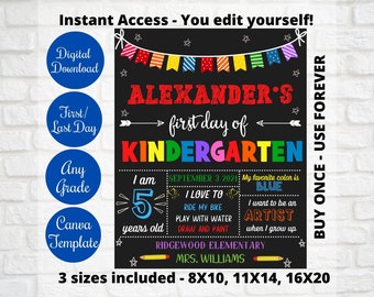 Chalkboard First Day Of School Sign printable, Editable Canva Template, Kindergarten (Any grade ) First Day Last Day Sign, Digital Download.