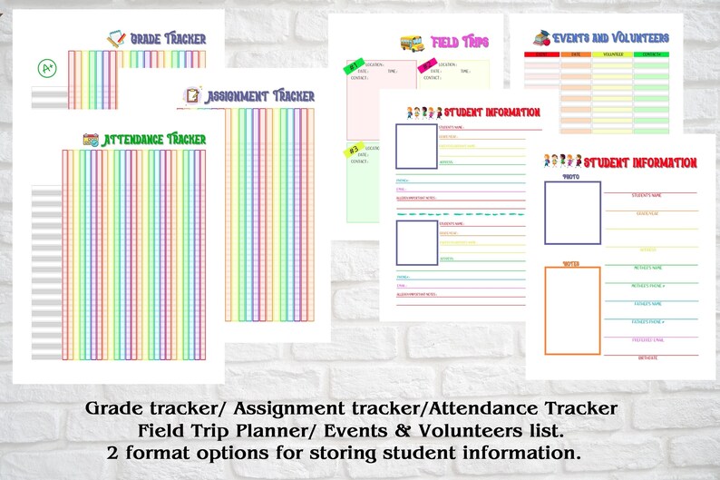 K&ouml;nnte beinhalten: Druckbare Klassenzimmer-Tracker und Sch&uuml;lerinformationsbl&auml;tter. Enth&auml;lt einen Noten-Tracker, einen Aufgaben-Tracker, einen Anwesenheits-Tracker, einen Ausflugsplaner, eine Liste der Veranstaltungen und Freiwilligen sowie zwei verschiedene Sch&uuml;lerinformationsbl&auml;tter.