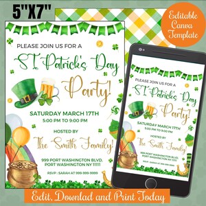 St. Parick&#39;s Day Party invite evite in editable template, Canva,Irish festival House Party Invitation Digital,St. Patrick&#39;s Day Celebration