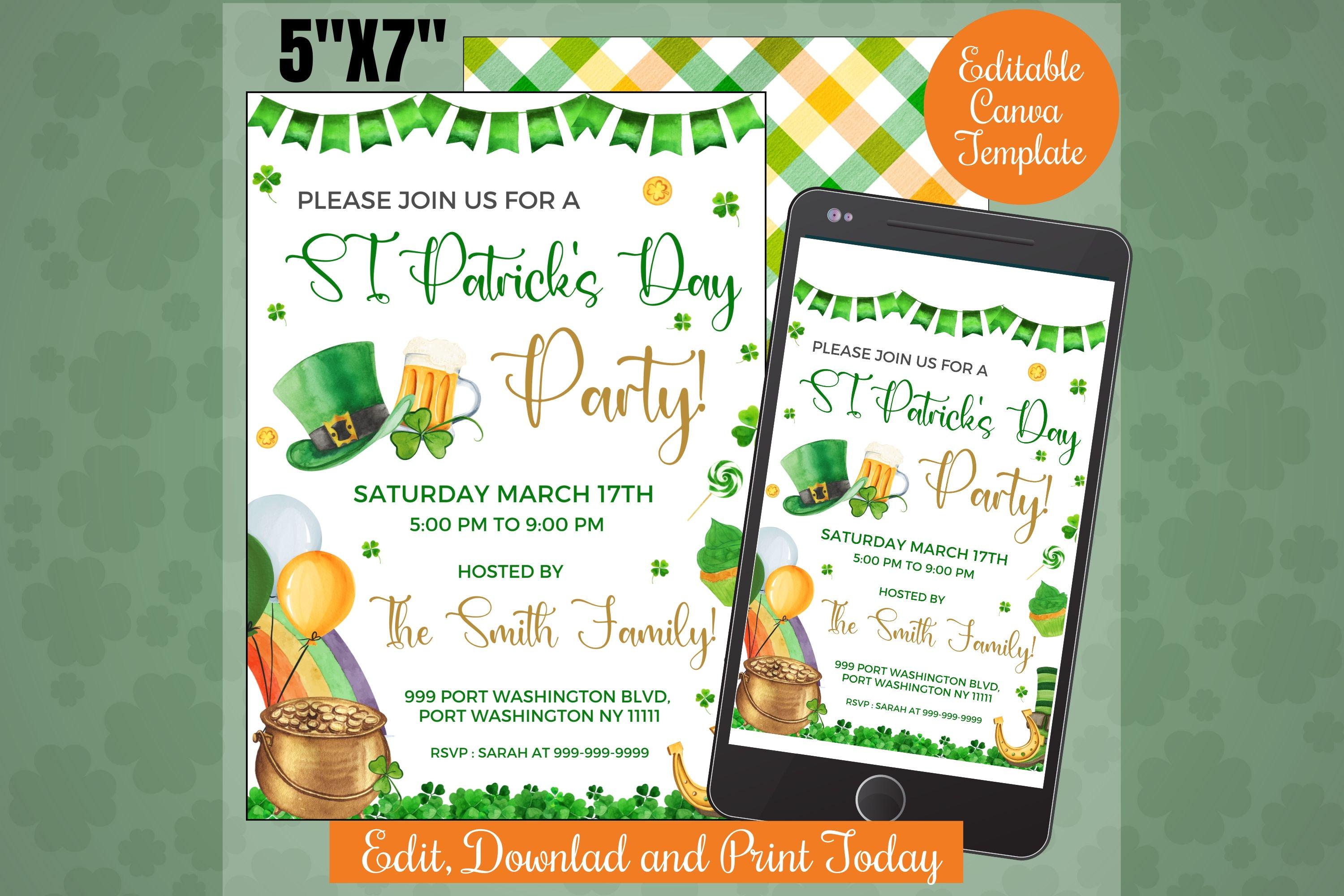 Invitación a la fiesta del día de San Patricio en plantilla editable,  Canva, invitación digital a la fiesta en casa del festival irlandés,  celebración del día de San Patricio - Etsy México, image size:3000x2000