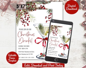 Editable Christmas drinks Party invite evite , Holiday Christmas cocktail party Invitation Digital, adult christmas drinks canva template