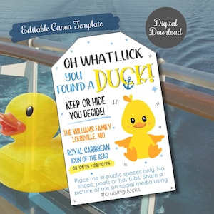 Oh What Luck You found a Duck Cruising Ducks Tag Editable template, Cruise Ship Rubber Duck Game Printable Tag Duck,#cruisingducks Canva