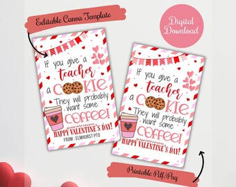 Op de afbeelding: Printbare Valentijnskaart met een rood-wit gestreepte achtergrond. De kaart heeft een cartoonafbeelding van een koekje en een kopje koffie met de tekst "Als je een leraar een koekje geeft, wil hij waarschijnlijk wat koffie! Fijne Valentijnsdag!"