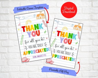 Teacher appreciation gift tags, Thank you for all you do,Thank You Gift Tags, Teacher Staff Appreciation Week,School pto Editable Template