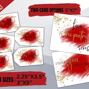 Étiquettes-cadeaux 5 sens et carte imprimables pour mari ou petit ami, femme ou petite amie, Saint-Valentin Anniversaire 5 sens étiquettes, carte