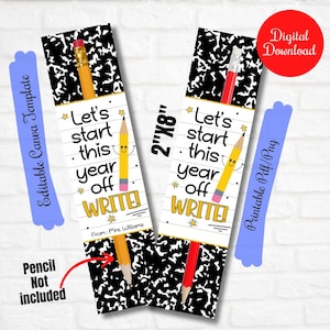 May include: Two bookmarks with a black and white composition notebook design. Each bookmark has a yellow pencil graphic and the text "Let's start this year off WRITE!" The bookmarks are 2" x 8".