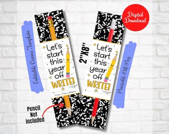 May include: Two bookmarks with a black and white composition notebook design. Each bookmark has a yellow pencil graphic and the text "Let's start this year off WRITE!" The bookmarks are 2" x 8".