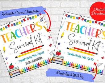 Teacher's Survival Kit Gift tag, School Supplies Gift tag, Teacher PTO Back to School Gift tag, Teacher Stationery gift tag printable label