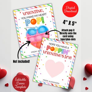 May include: Two Valentine's Day cards with colorful borders and heart accents. One card reads "Valentine, You Make My Heart Pop!" with a pop-it toy graphic. The other says "Hope You Have a Poppin' Valentine's Day!" Cards are 4" x 5".