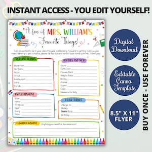 Editable Colorful Teacher Favorites Questionnaire, Back to school teacher survey, All about my teacher,A few of teacher&#39;s favorite things