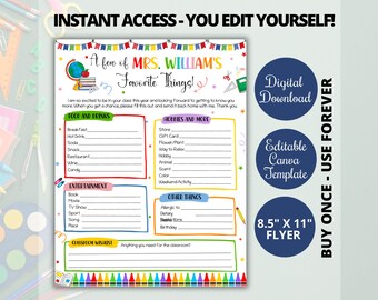 Editable Colorful Teacher Favorites Questionnaire, Back to school teacher survey, All about my teacher,A few of teacher's favorite things