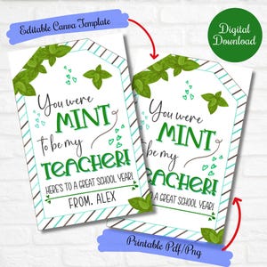 Mint Back to School gift tags for Teachers, You were mint to be my teacher, First day of school mint tag, Meet the teacher Editable tag
