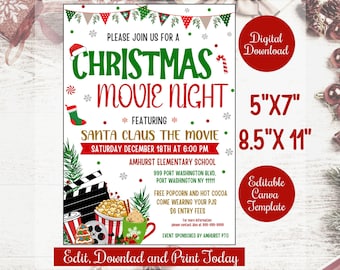 クリスマス映画ナイト招待状テンプレート、編集可能なPTO PTAコミュニティ教会ホリデー映画ナイトチラシ、クリスマス学校イベント招待状、ポスター