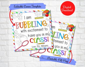 Back to School Bubbles Gift tags, I am bubbling with excitement to have you in my class, First day of school Class Bubble Wand Gift tags,