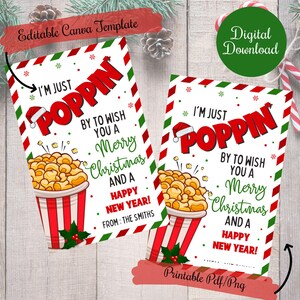 Just Poppin by, um frohe Weihnachten zu sagen, Geschenkanhänger für PopCorn, Lehrer, Freunde, Familie, Mitarbeiter, PTO-Geschenkanhänger, bearbeitbare Canva Tags