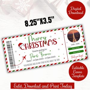 Cadeau imprimable modifiable de carte d'embarquement de Noël, cadeau de billet d'avion de Noël, voyage surprise, vacances, modèle de cadeau de vacances, cadeau imprimable