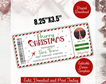 Editable Christmas Boarding Pass Printable Gift,Christmas Plane Ticket Gift, Surprise trip, vacation, holiday gift template, Printable Gift