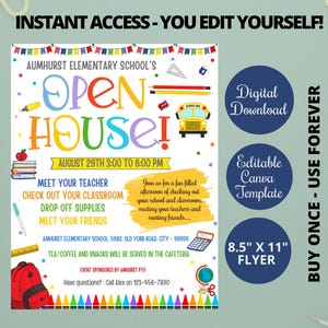 Terug naar school opendeurdag flyer voor PTO, PTA, afdrukbare opendeurdag voor school flyer poster, bewerkbare canva-sjabloon