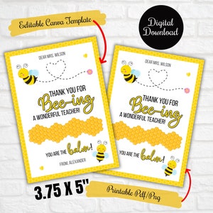 Gracias por ser un maestro maravilloso, Semana de agradecimiento, Bálsamo labial con temática de abejas/miel, Etiquetas de regalo para bálsamo labial, Plantilla de Canva editable,