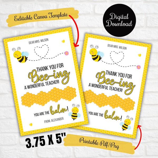 Gracias por ser un maestro maravilloso, Barra de Chap con temática de abejas/miel de la Semana de agradecimiento a los empleados, etiquetas de regalo de bálsamo labial, plantilla de Canva editable,