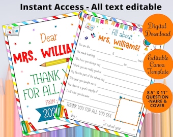 All about my teacher, Teacher Appreciation Printable, Editable teacher appreciation questionnaire,End of year teacher gift,class, fill-in