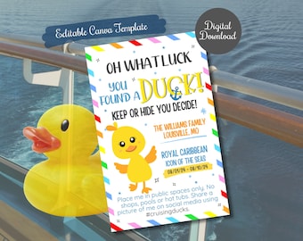 May include: A yellow rubber duck with a blue anchor on its chest. The duck is on a colorful striped background with the text "Oh What Luck You Found A Duck! Keep or Hide You Decide!" The Williams Family Louisville, MO Royal Caribbean Icon of the Seas 08/01/24 - 08/10/24 Place me in public spaces only. No shops, pools or hot tubs. Share a picture of me on social media using #cruisingducks.
