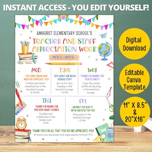 Editable Teacher appreciation week schedule, Employee appreciation week itinerary, appreciation week events,plan editable template PTO