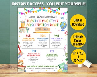 May include: A printable teacher appreciation week schedule with a colorful chalkboard background. The schedule includes daily activities for each day of the week, such as coffee and donuts, taco Tuesday, and a pizza party. The text "Amhurst Elementary School's Teacher and Staff Appreciation Week" is at the top of the schedule. The schedule is available as a digital download and is editable in Canva. The schedule is available in two sizes: 11 inches by 8.5 inches and 20 inches by 16 inches.