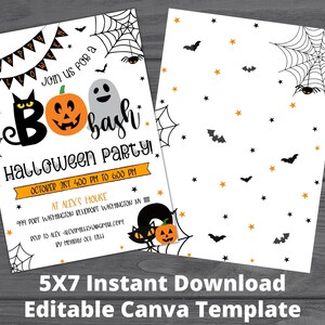 May include: A printable 5x7 inch Halloween party invitation template with a black cat, ghost, and pumpkin. The text reads "Join us for a Boo Bash Halloween Party!" with the date and time of the party. The background is white with a spiderweb and bats.
