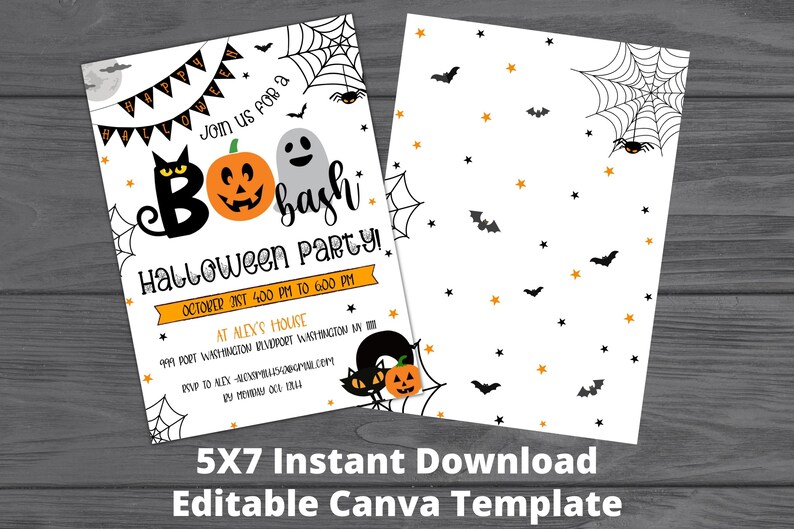 May include: A printable 5x7 inch Halloween party invitation template with a black cat, ghost, and pumpkin. The text reads "Join us for a Boo Bash Halloween Party!" with the date and time of the party. The background is white with a spiderweb and bats.
