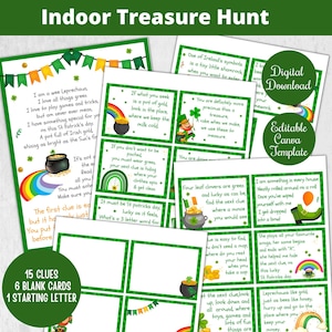 Afdrukbare digitale download St. Patricks Day Treasure Hunt, indoor schattenjacht voor jongere kinderen. Aanwijzingen voor speurtocht afdrukbaar en bewerkbaar