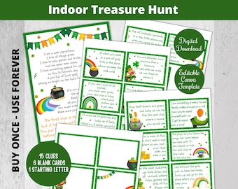 St. Patricks Day Treasure Hunt printable digital download, Indoor treasure hunt for younger kids . Scavenger hunt clues printable editable