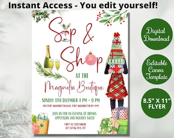 May include: A festive invitation for a Sip & Shop event at the Magnolia Boutique on Sunday, December 11th from 4 PM to 9 PM. The invitation features a watercolor illustration of a woman holding a stack of wrapped gifts, a glass of champagne, and a Christmas ornament. The text includes the date, time, address, and a special offer for the first 50 customers.