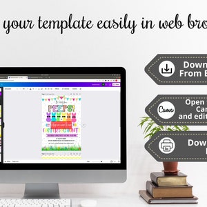 May include: A computer screen displaying a printable Easter invitation template with the text "It's Party Time PEEPS!" and "Easter Egg Hunt". The template is open in Canva.com and instructions are provided to download the PDF from Etsy and edit the template in Canva.