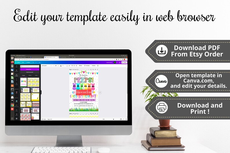 May include: A computer screen displaying a printable Easter invitation template with the text "It's Party Time PEEPS!" and "Easter Egg Hunt". The template is open in Canva.com and instructions are provided to download the PDF from Etsy and edit the template in Canva.