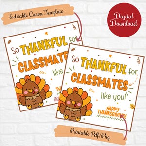 May include: Two printable Thanksgiving cards featuring a cartoon turkey with the text "So thankful for classmates like you!" and "Happy Thanksgiving!"