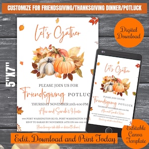 Let's Gather Friendsgiving Potluck-feestuitnodiging afdrukbare, Thanksgiving-dinerfeestuitnodiging Digitale, mobiele uitnodigingssjabloon