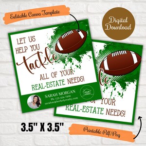 May include: Two square cards with a football theme. The cards are 3.5 x 3.5 inches and feature a brown football with white stripes against a green splatter background. Text includes "Let us help you tackle all of your real-estate needs!"