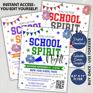 May include: Three flyers with the text "Join us for School Spirit Night!" in various colors. The flyers include the date, time, and event details. The flyers are 8.5" x 11" and are editable Canva templates.