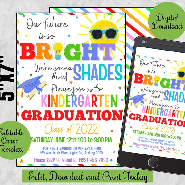 EDITABLE Kindergarten graduation ceremony invite evite ,Preschool graduation Invitation Digital, Our future is so bright,  canva template