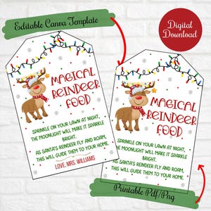Magische Rentier Essen druckbare Tags mit Gedicht, bearbeitbares Rentier Essen Gedicht für Klasse, Studenten, Schule, Kindertagesstätte PTO, Instant Download