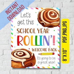Let&#39;s get this year rollin&#39;,Cinnamon roll Back to school teacher breakfast coffee sign printable|First Day of school cinnamon roll sign