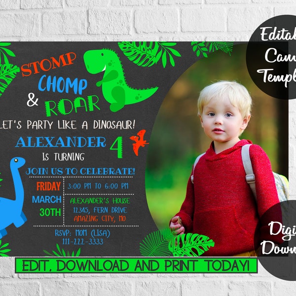 Editable Dinosaur birthday invitation with photo Evite, Stomp Chomp Roar digital Evite,Personalized Party digital Canva Template
